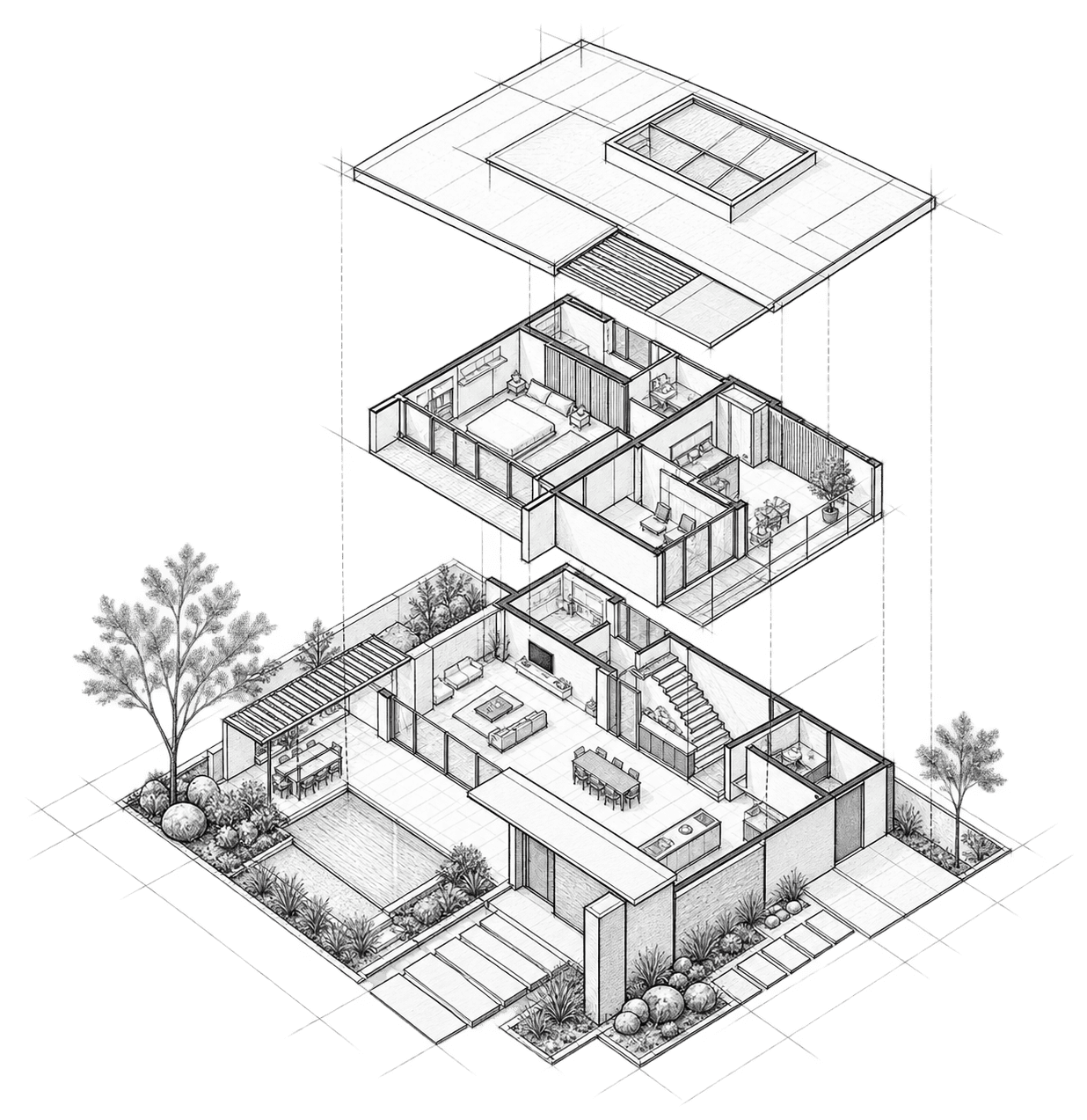 Isometric diagram of a building's structure and systems