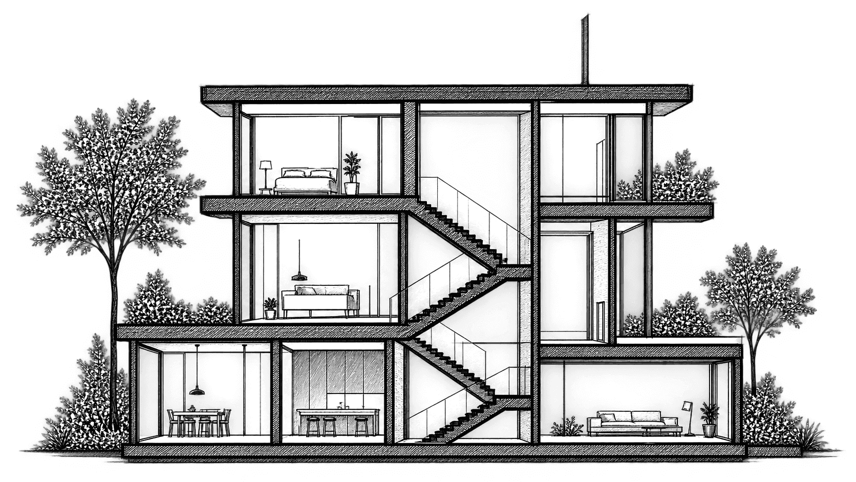 Line drawing of a multi-level building section