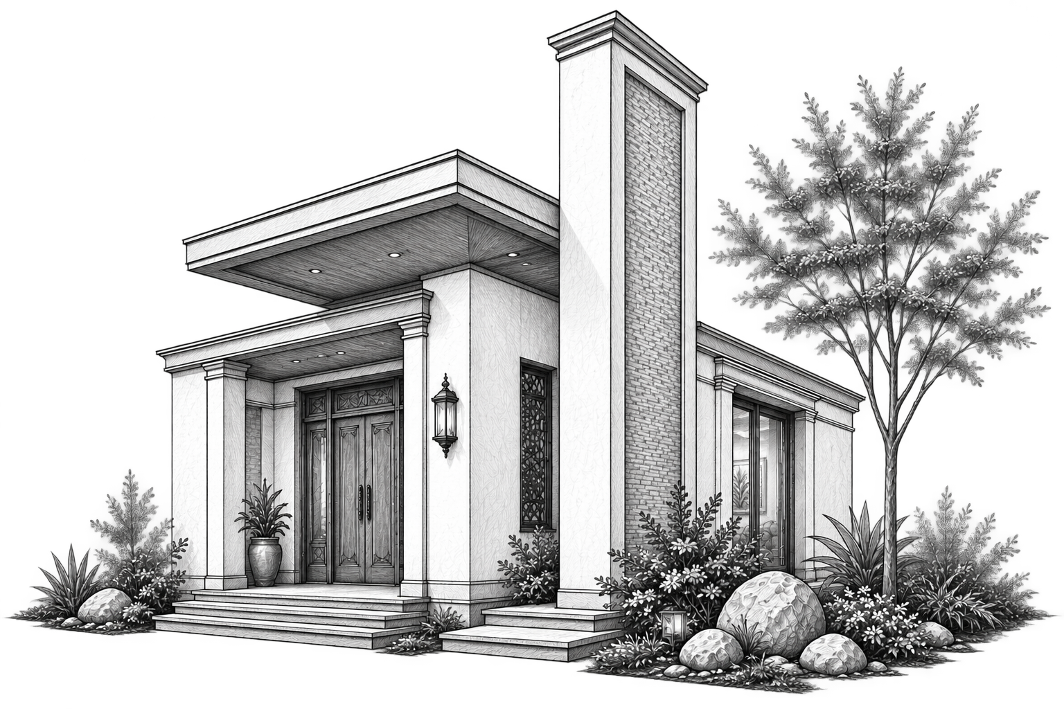 Isometric sketch of a modern house exterior