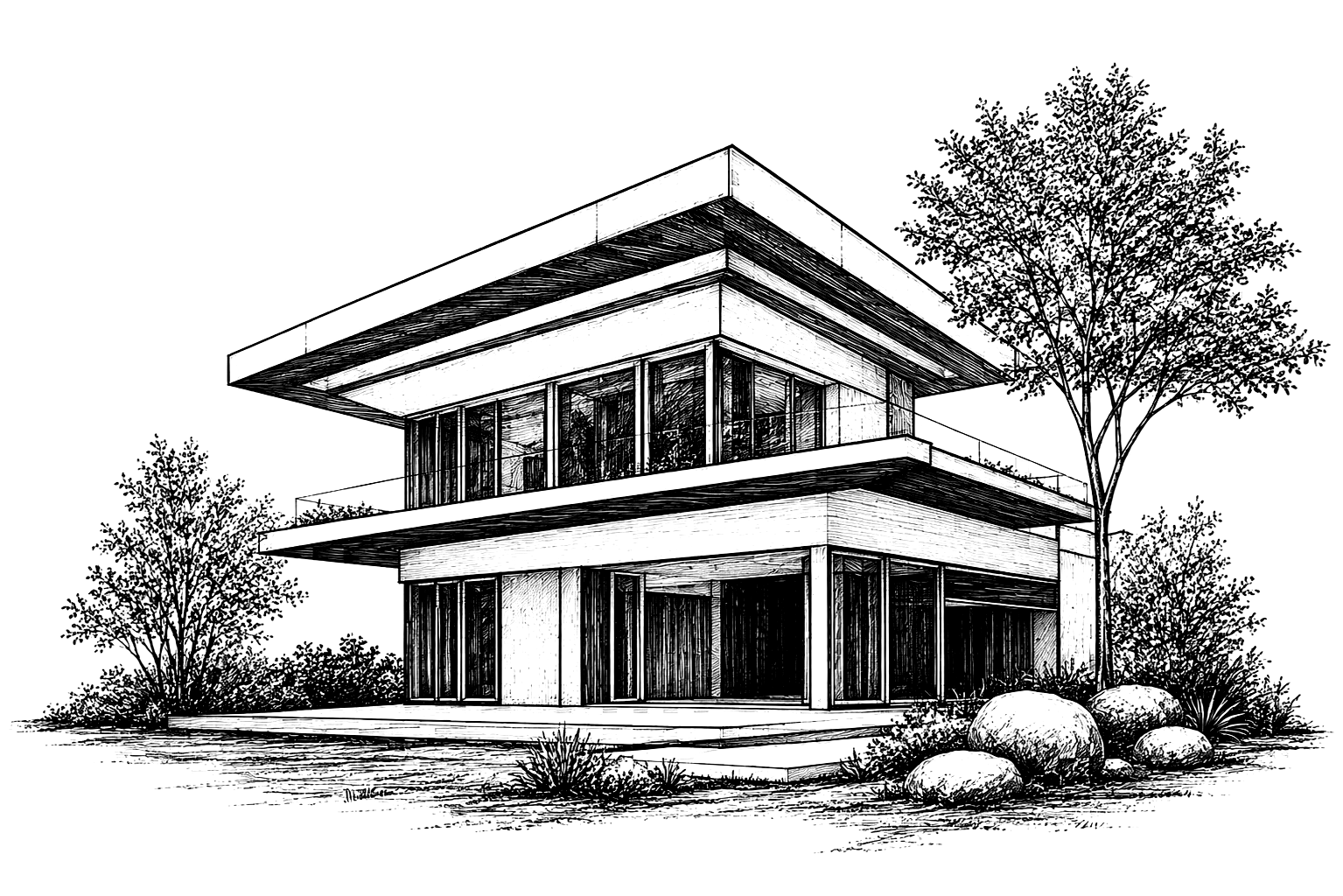 Architectural line sketch of a house